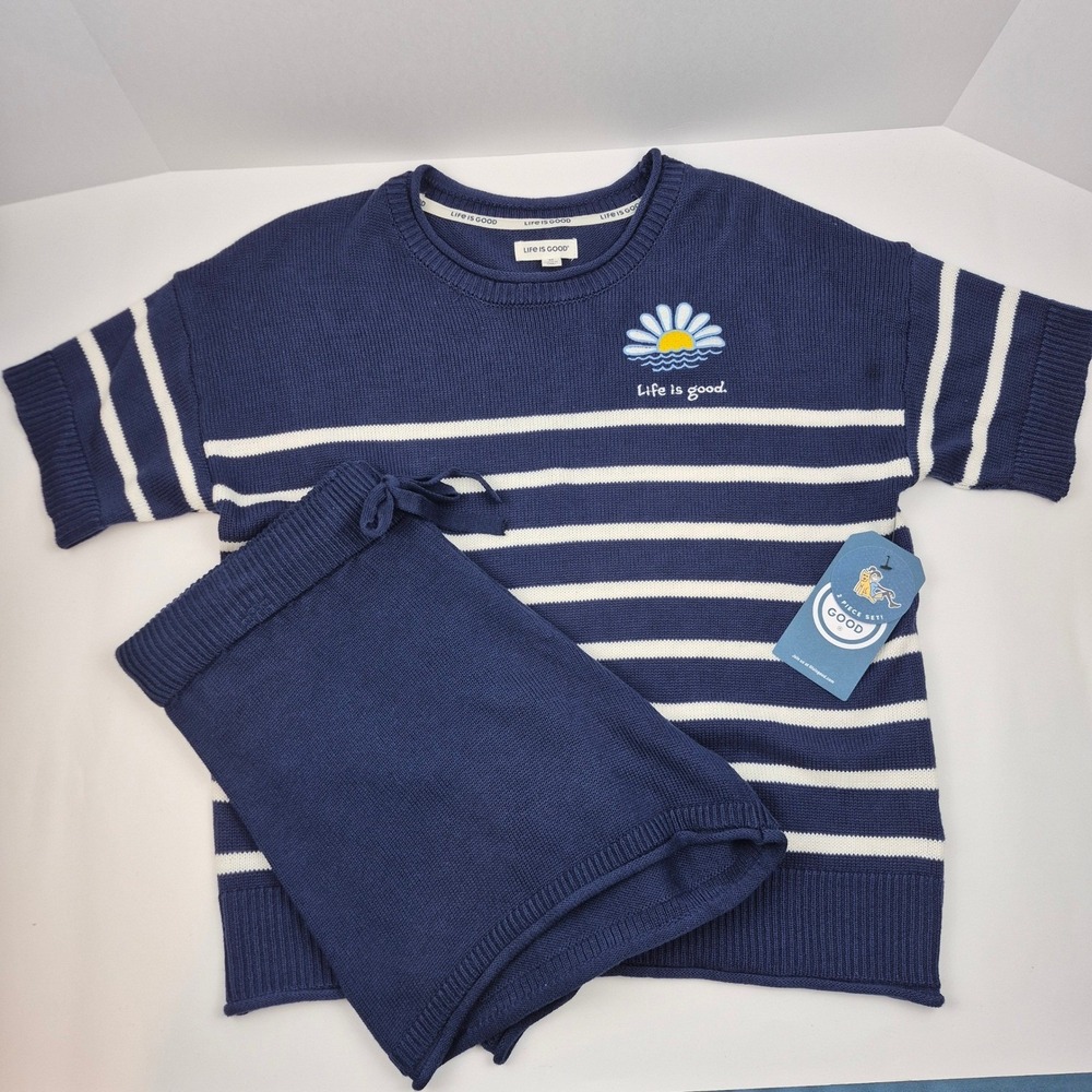 Life is Good Knit‎ Sweater & Shorts Set Navy Blue Striped Loungewear PJs M NWT